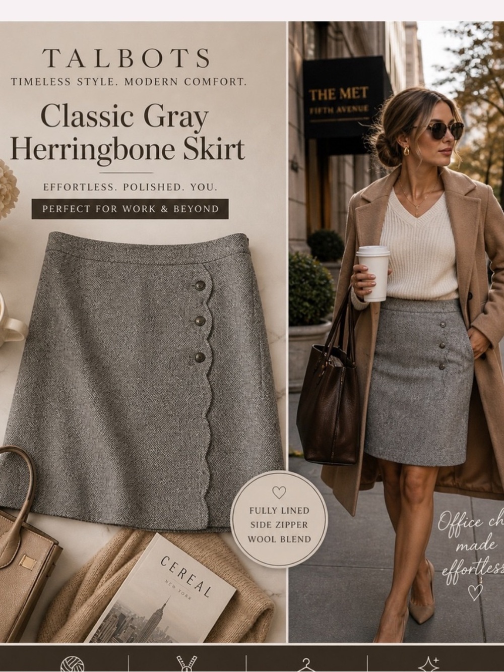 Talbots Gray Wool Blend Herringbone Scallop Skirt- Size 12